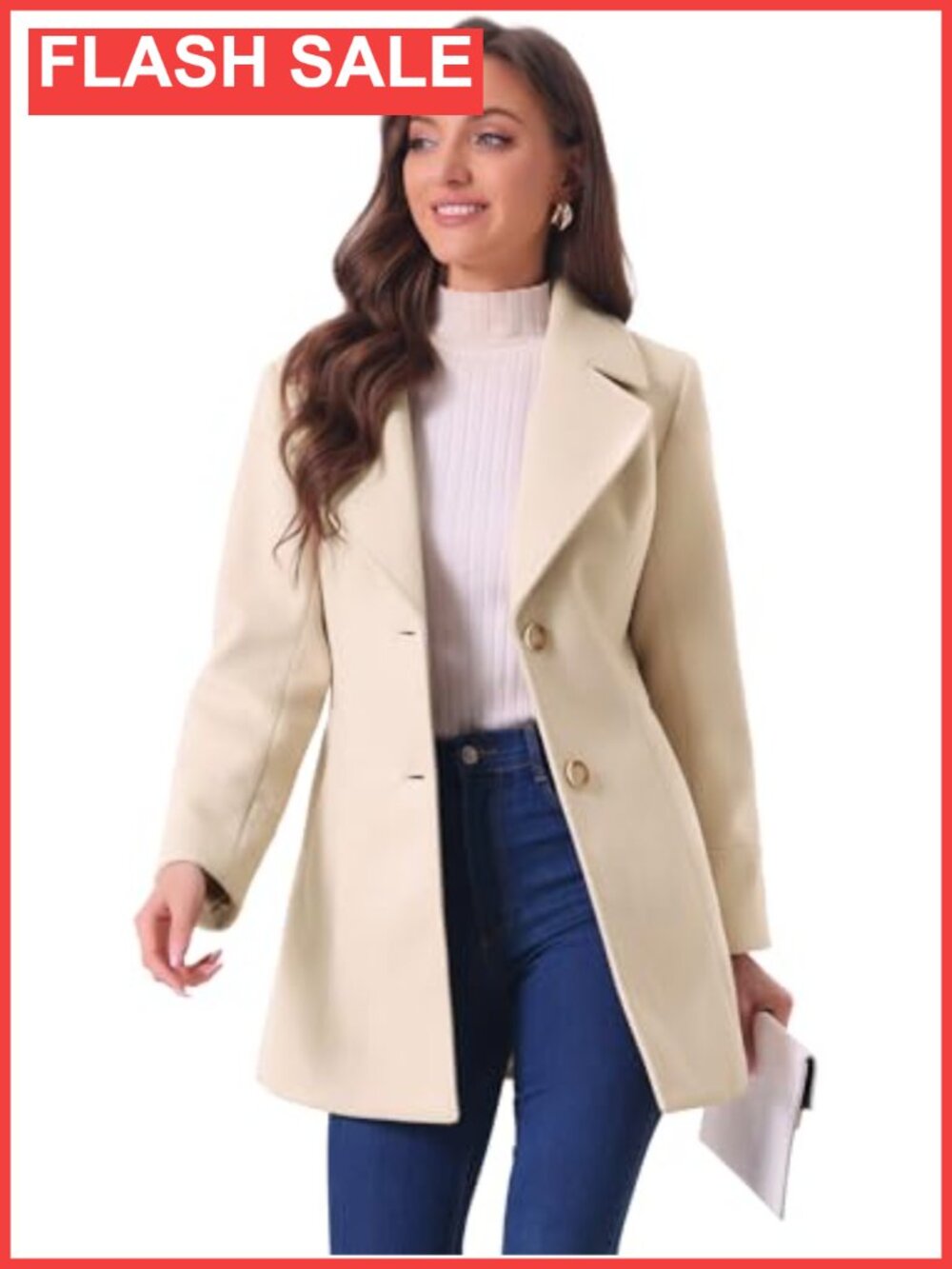 Elegant Wool Blend Pea Coat Single Breasted Notched Collar Mid Thigh Office